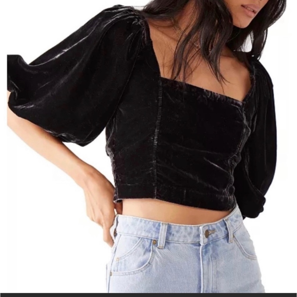 Free People Velvet Marie Pouf Crop Top Women's Open Back Balloon Sleeve Small